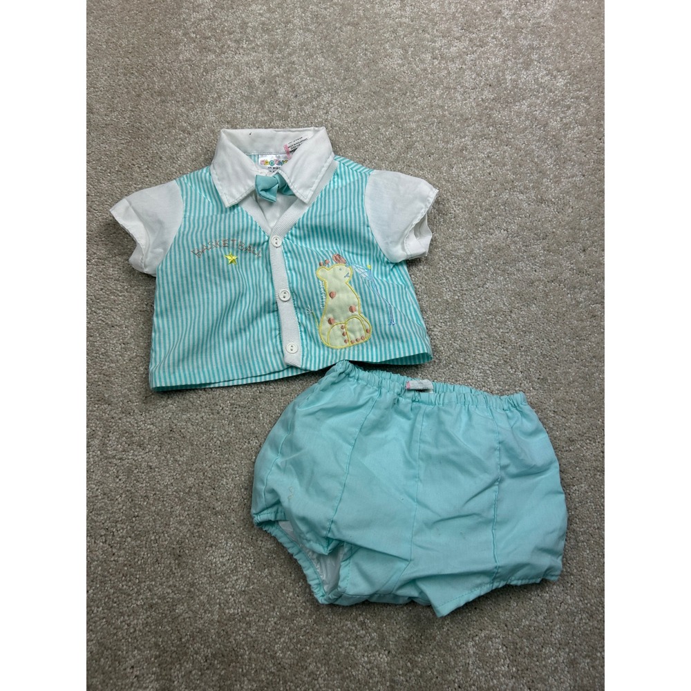 Mayfair Striped Giraffe Shirt Shorts Set 0-6M Aqua Vintage Preppy Retro 90s Baby